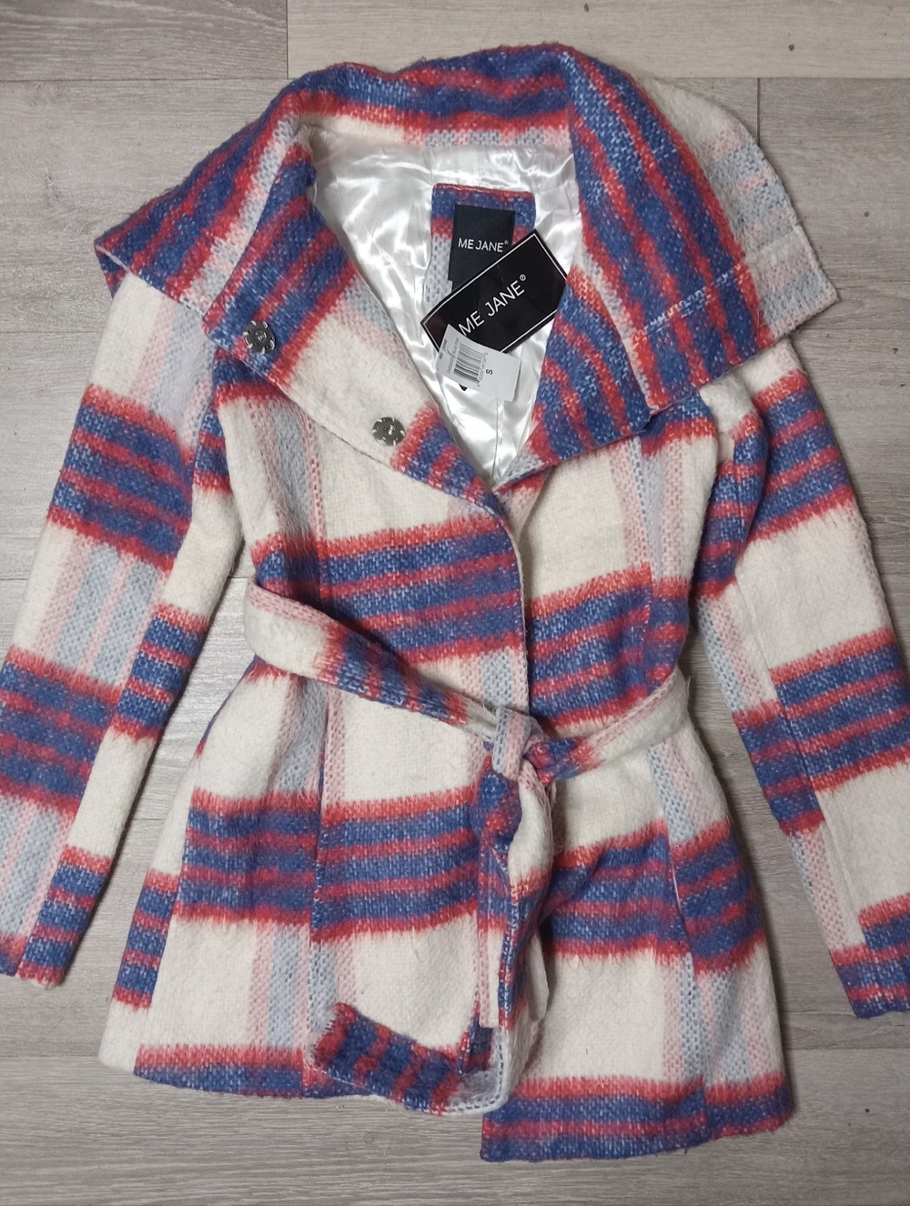Me Jane Cream Plaid Coat with Blue and Red Stripes